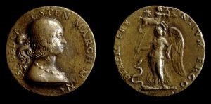 Medalla de bronce de Isabel de Este, princesa y patrona de los humanistas del Renacimiento, distribuida como un regalo.